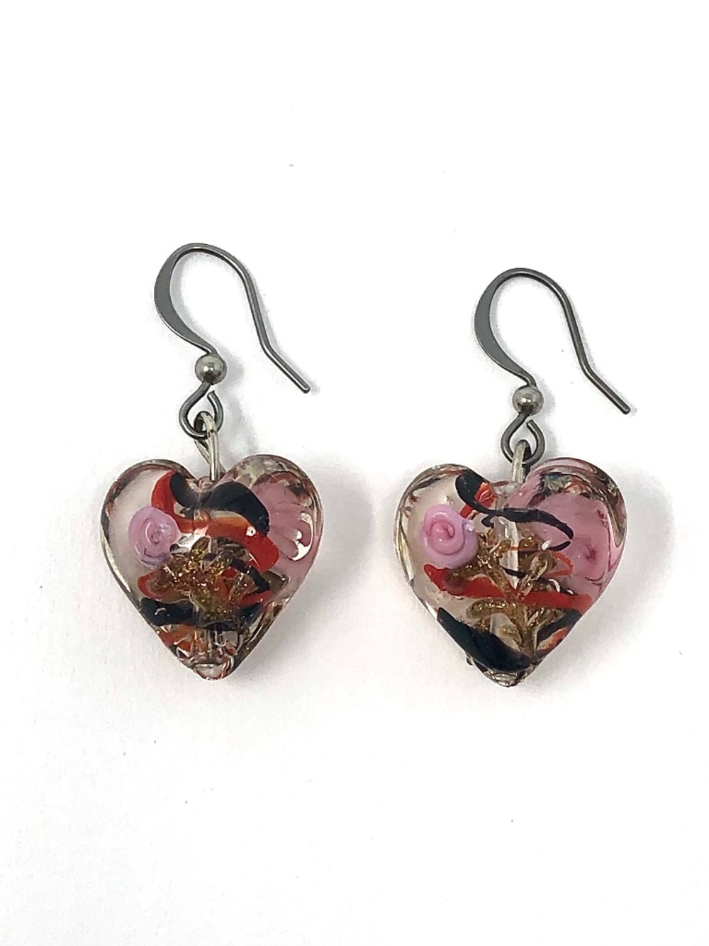 Murano glass heart dangle pierced earrings